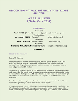 ASSOCIATION of TRACK and FIELD STATISTICIANS A.T.F.S. BULLETIN 1/2014 (June 2014)