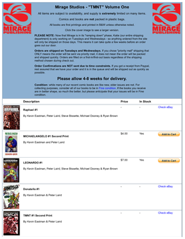 Mirage Studios - "TMNT" Volume One All Items Are Subject to Availability, and Supply Is Extremely Limited on Many Items