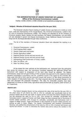 THE ADMINISTRATION of UNION TERRITORY of LADAKH Office of the Divisional Commissioner Ladakh Tel/Fax: 01982-255567, 01985-255568 Email: Ladakhdivcom@Gmail.Com