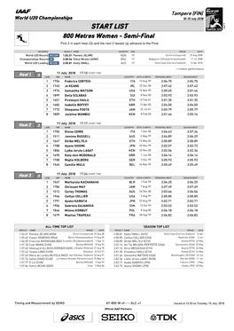 START LIST 800 Metres Women - Semi-Final First 2 in Each Heat (Q) and the Next 2 Fastest (Q) Advance to the Final