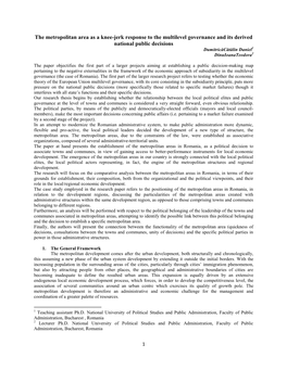 The Metropolitan Area As a Knee-Jerk Response to the Multilevel Governance and Its Derived National Public Decisions Dumitricăcătălin Daniel1 Dinuioanateodora2