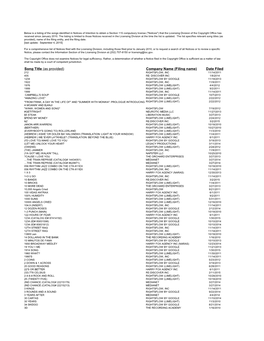 Song Title (As Provided) Company Name (Filing Name) Date Filed