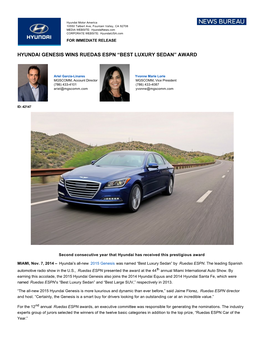 Hyundai Genesis Wins Ruedas Espn “Best Luxury Sedan” Award