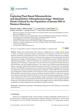 Medicinal Plants Utilized by the Population of Jasrota Hill in Western Himalaya