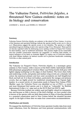 The Vulturine Parrot, Psittrichas Fulgidus, a Threatened New Guinea Endemic: Notes on Its Biology and Conservation