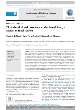 Phytochemical and Taxonomic Evaluation of Rhazya Stricta in Saudi Arabia