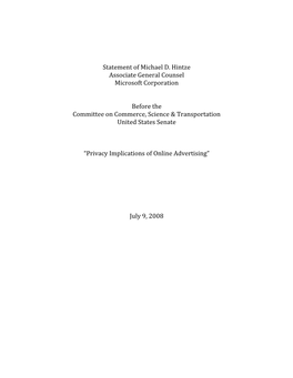 Statement of Michael D. Hintze Associate General Counsel Microsoft Corporation