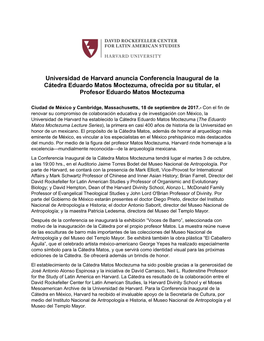 Universidad De Harvard Anuncia Conferencia Inaugural De La Cátedra Eduardo Matos Moctezuma, Ofrecida Por Su Titular, El Profesor Eduardo Matos Moctezuma