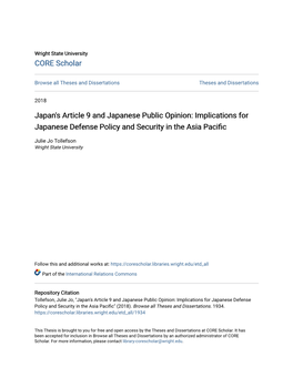 Japan's Article 9 and Japanese Public Opinion: Implications for Japanese Defense Policy and Security in the Asia Pacific