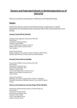 Clusters and Federated Schools in Northamptonshire As of 23/11/12