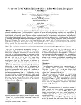 Color Tests for the Preliminary Identification of Methcathinone and Analogues of Methcathinone