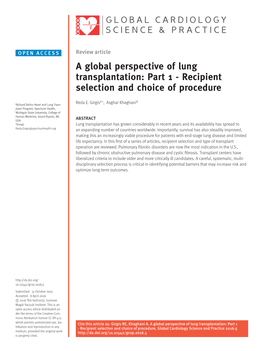 A Global Perspective of Lung Transplantation: Part 1 - Recipient Selection and Choice of Procedure