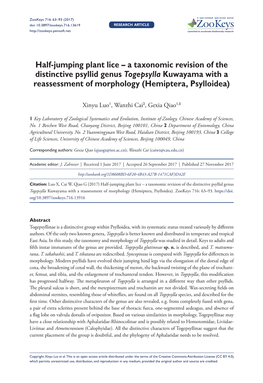 Half-Jumping Plant Lice – a Taxonomic Revision of the Distinctive Psyllid Genus Togepsylla Kuwayama with a Reassessment of Morphology (Hemiptera, Psylloidea)