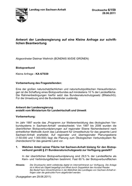 Antwort Der Landesregierung Auf Eine Kleine Anfrage Zur Schrift- Lichen Beantwortung