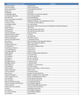 PAYMENT MACHINE LOCATION ADDRESS New Point Mall a Plaridel Street New Point Mall B 1954, Teresa Street Petron Pulong-Bulo 11100, Manila North Road Regus Phils