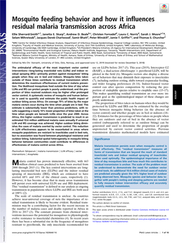 Mosquito Feeding Behavior and How It Influences Residual Malaria Transmission Across Africa