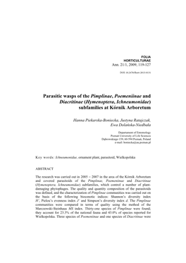 Parasitic Wasps of the Pimplinae, Poemeniinae and Diacritinae (Hymenoptera, Ichneumonidae) Subfamilies at Kórnik Arboretum