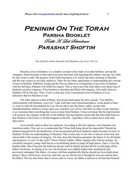 Peninim on the Torah Parsha Booklet Rabbi A