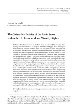 The Citizenship Policies of the Baltic States Within the EU Framework on Minority Rights1