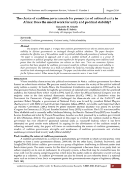 The Choice of Coalition Governments for Promotion of National Unity in Africa: Does the Model Work for Unity and Political Stability?