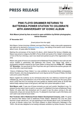 Pink Floyd Drummer Returns to Battersea Power Station to Celebrate 40Th Anniversary of Iconic Album