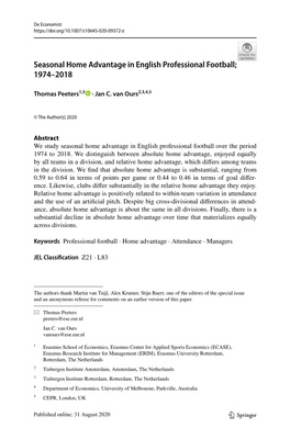 Seasonal Home Advantage in English Professional Football; 1974–2018