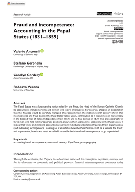 Fraud and Incompetence: Accounting in the Papal States