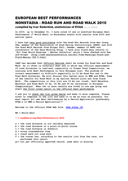EUROPEAN BEST PERFORMANCES NONSTADIA - ROAD RUN and ROAD WALK 2010 Compiled by Ivar Söderlind, Statistician of EVAA (31.12.2010)