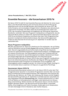 Ensemble Resonanz – Die Konzertsaison 2015/16