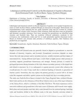 Lithological and Structural Controls on the Development of Aquifer in Basement Rock Dominated Tsalit- Ira River Basin, Tigray, Northern Ethiopia