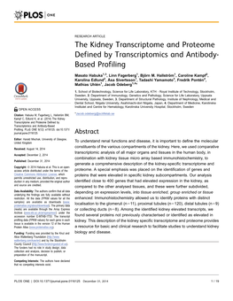 The Kidney Transcriptome and Proteome Defined by Transcriptomics and Antibody- Based Profiling