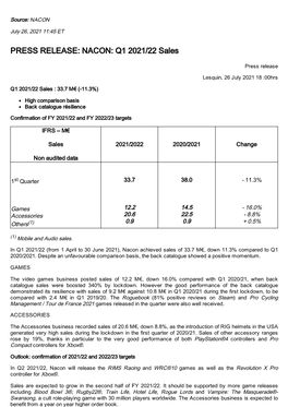 PRESS RELEASE: NACON: Q1 2021/22 Sales