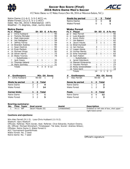 Soccer Box Score (Final) 2016 Notre Dame Men's Soccer #12 Notre Dame Vs #2 Wake Forest (Nov 06, 2016 at Winston-Salem, N.C.)