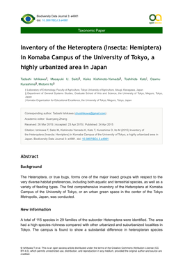Inventory of the Heteroptera (Insecta: Hemiptera) in Komaba Campus of the University of Tokyo, a Highly Urbanized Area in Japan
