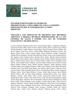 Proyecto De Decreto Que Reforma, Adiciona Y Deroga Diversas Disposiciones De La Ley General De Salud Y Expide Una Ley De Cuidados Paliativos Y Muerte Digna