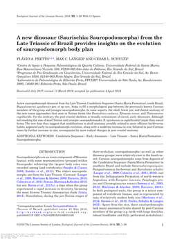 A New Dinosaur (Saurischia: Sauropodomorpha) from the Late Triassic of Brazil Provides Insights on the Evolution of Sauropodomorph Body Plan
