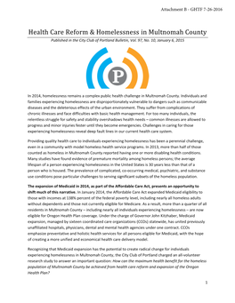 Health Care Reform & Homelessness in Multnomah