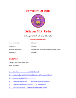 University of Delhi Syllabus M.A. Urdu