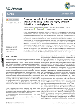 Construction of a Luminescent Sensor Based on a Lanthanide Complex for the Highly Eﬃcient Cite This: RSC Adv.,2019,9,13048 Detection of Methyl Parathion†