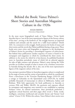 Vance Palmer's Short Stories and Australian Magazine Culture in The