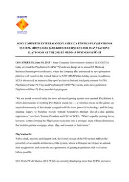 Sony Computer Entertainment America Unveils Playstation®4 System, Showcases Blockbuster Content for Playstation® Platforms at the 2013 E3 Media & Business Summit