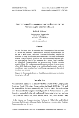 Institutional Explanations for the Decline of the Congregação Cristã No Brasil Rubia R. Valente1 Abstract Introduction Pentec