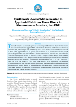 Opisthorchis Viverrini Metacercariae in Cyprinoid Fish from Three Rivers in Khammouane Province, Lao PDR