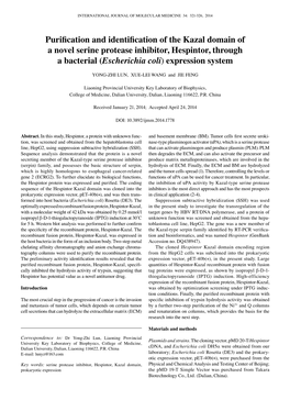 Purification and Identification of the Kazal Domain of a Novel Serine Protease Inhibitor, Hespintor, Through a Bacterial (Escherichia Coli) Expression System