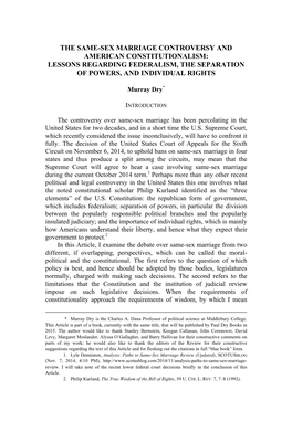 The Same-Sex Marriage Controversy and American Constitutionalism: Lessons Regarding Federalism, the Separation of Powers, and Individual Rights
