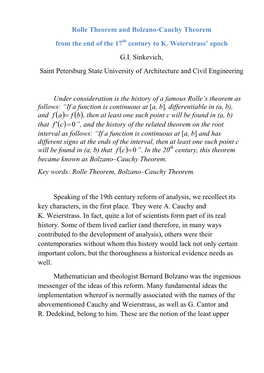 Rolle Theorem and Bolzano-Cauchy Theorem from the End of the 17Th Century to K