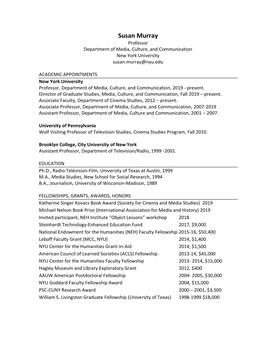 Susan Murray Professor Department of Media, Culture, and Communication New York University Susan.Murray@Nyu.Edu