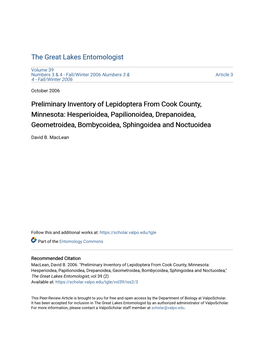Preliminary Inventory of Lepidoptera from Cook County, Minnesota: Hesperioidea, Papilionoidea, Drepanoidea, Geometroidea, Bombycoidea, Sphingoidea and Noctuoidea