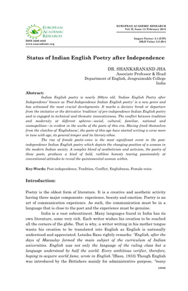 Status of Indian English Poetry After Independence