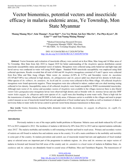 Vector Bionomics, Potential Vectors and Insecticide Efficacy in Malaria Endemic Areas, Ye Township, Mon State Myanmar